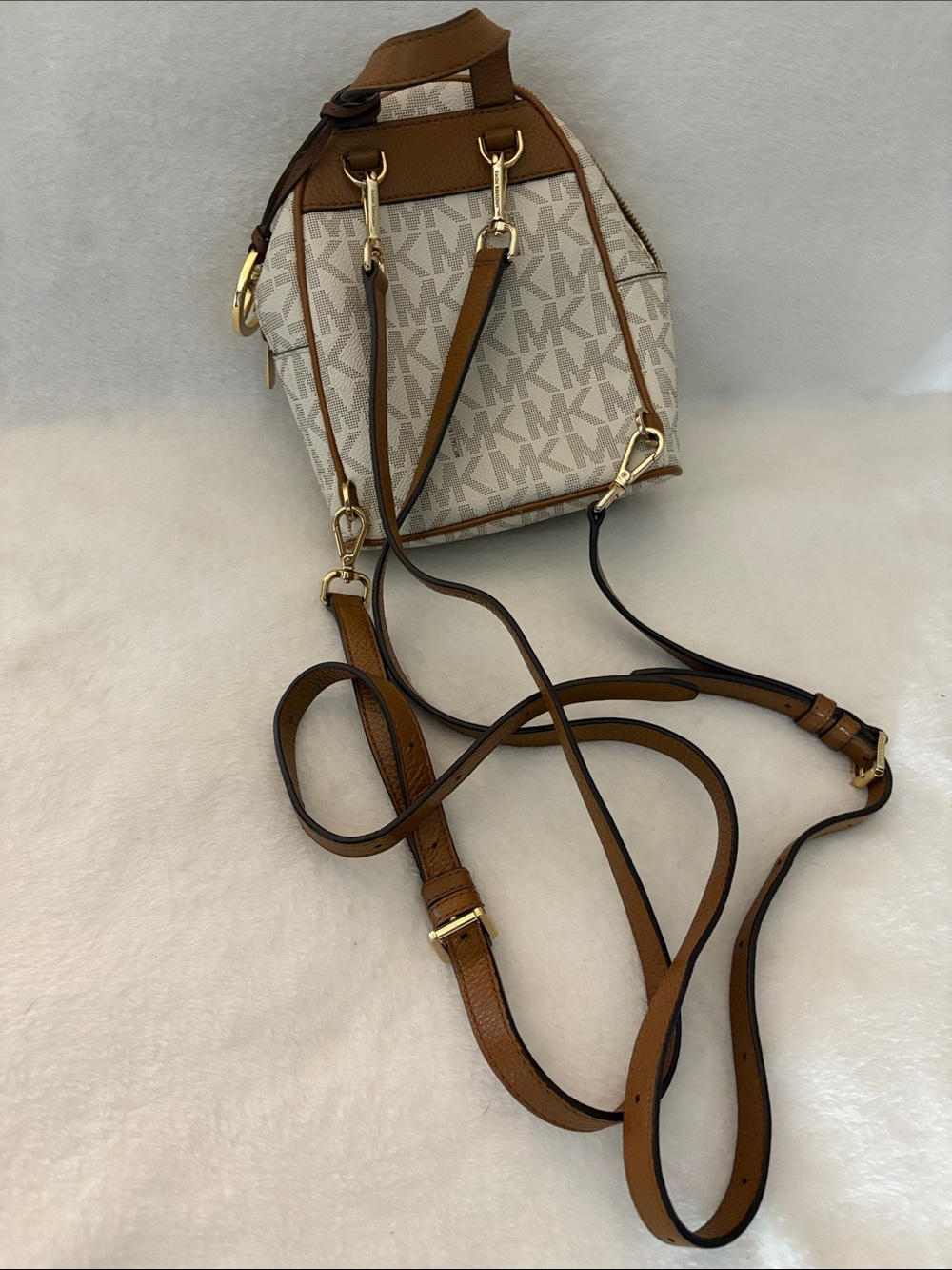 Michael Kors White & Brown MK Logo Mini Backpack with Gold Studs - Picture 2 of 4
